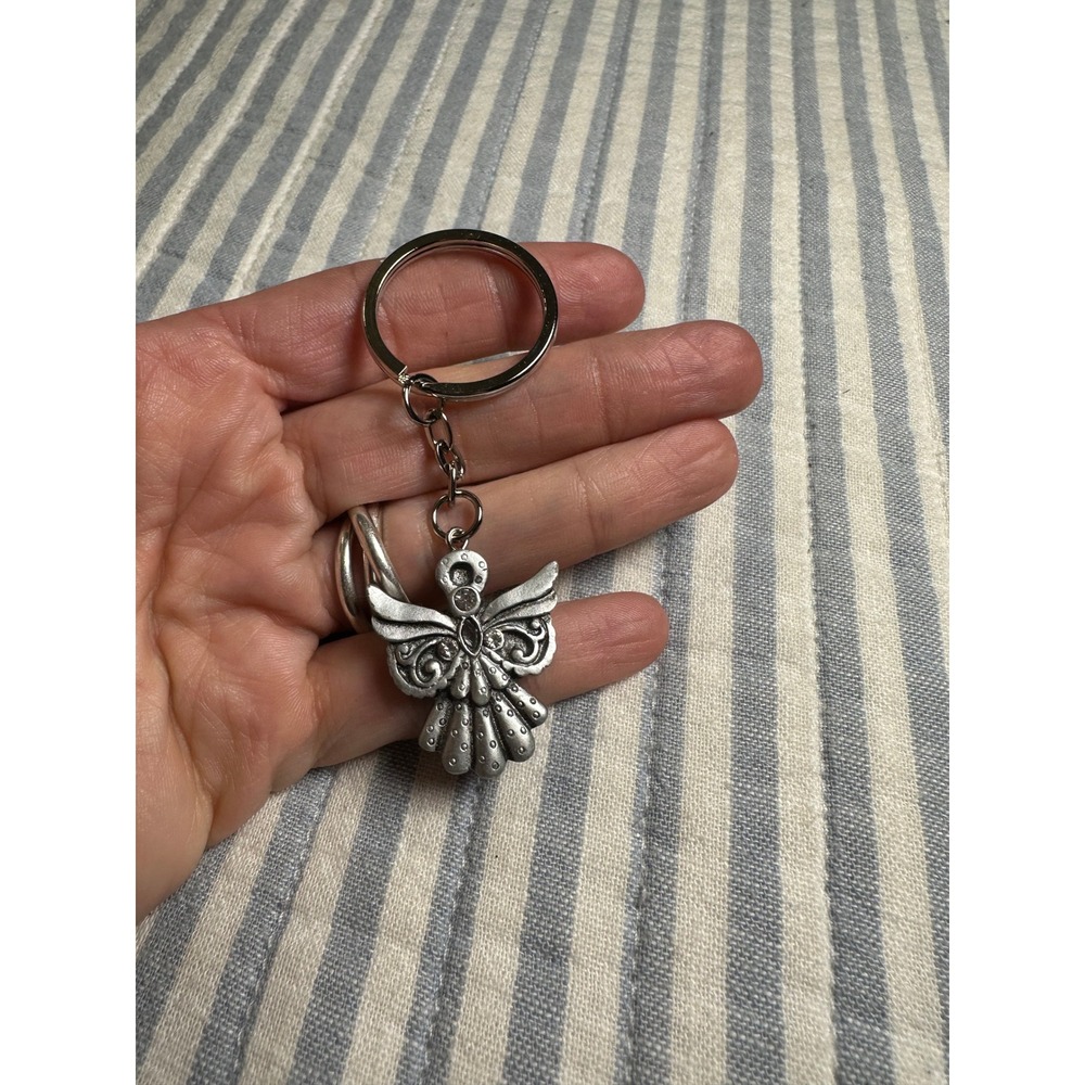 Silver Tone Guardian Angel Keychain Rhinestone Accent Spiritual Charm Bag Clip